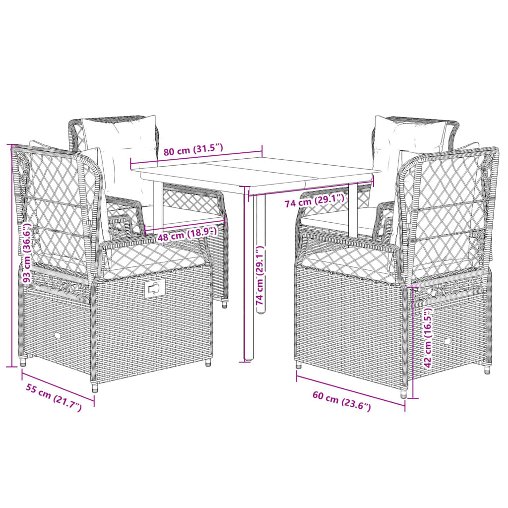 Set da Pranzo da Giardino 5 pz Nero con Cuscini in Polyrattan 3262965