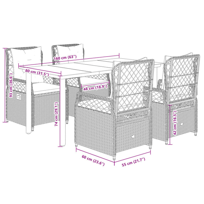 Set da Pranzo da Giardino 5 pz Nero con Cuscini in Polyrattan 3262967