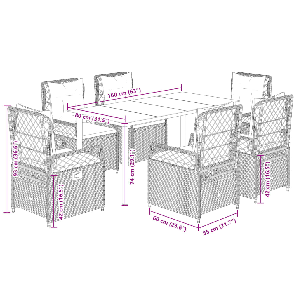 Set da Pranzo da Giardino 7 pz Nero con Cuscini in Polyrattan 3262968