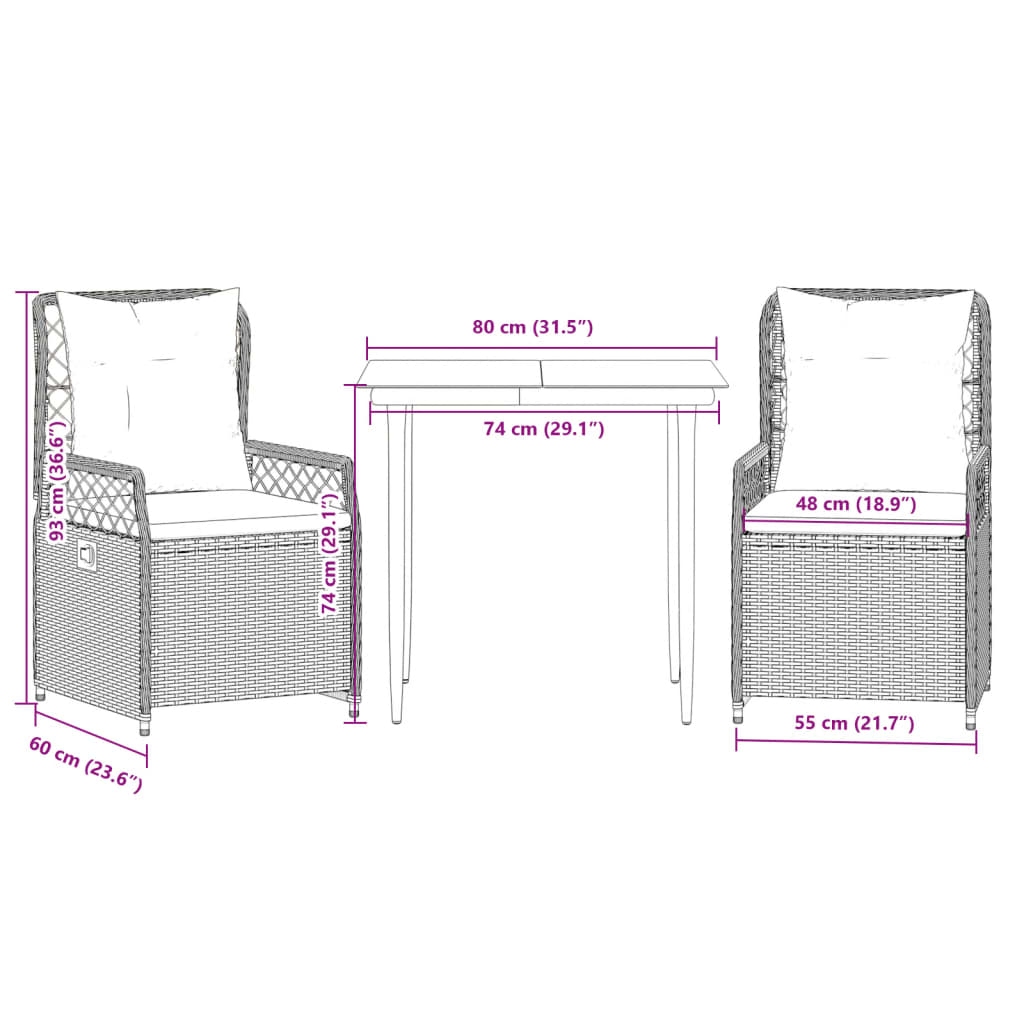 Set da Pranzo da Giardino 3pz con Cuscini in Polyrattan Marrone 3262971