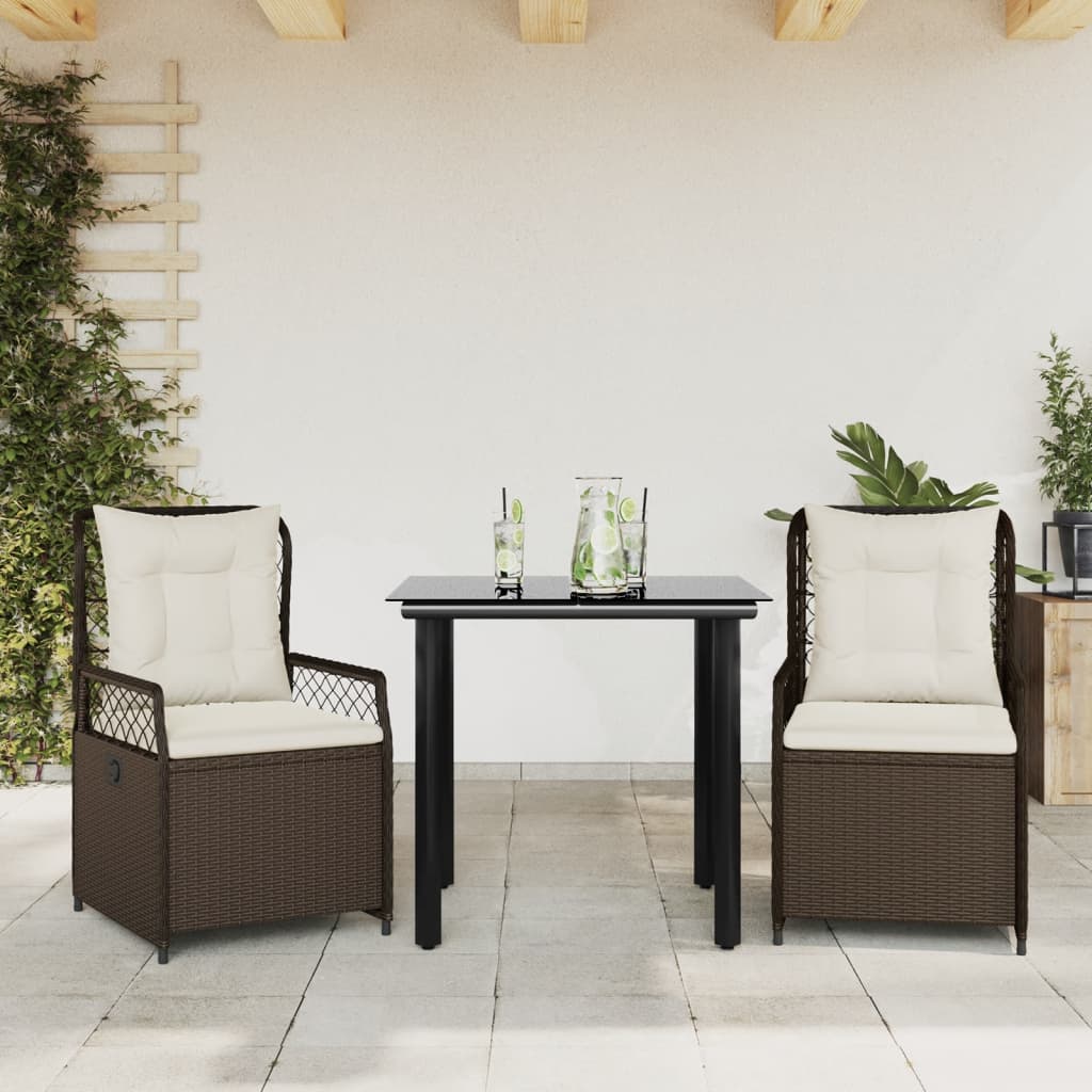 Set da Pranzo da Giardino 3pz con Cuscini in Polyrattan Marronecod mxl 117163