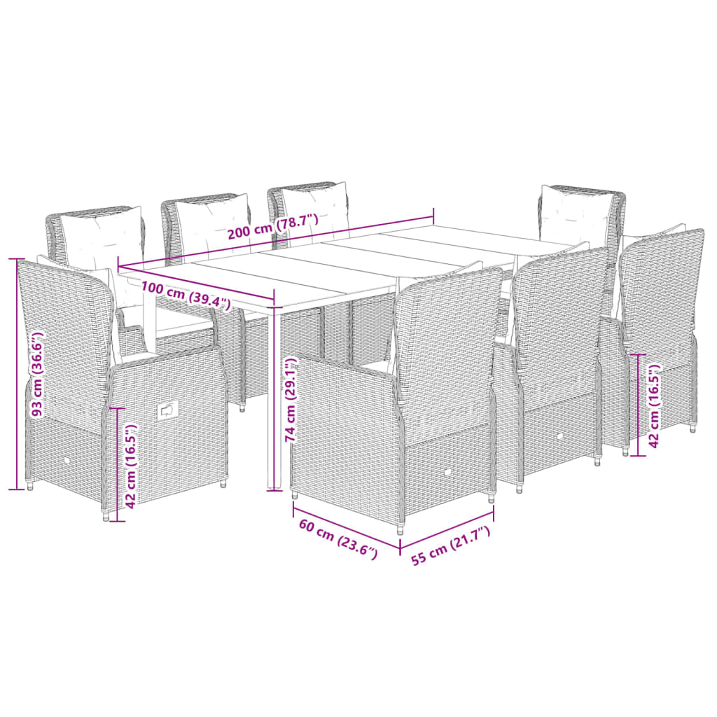 Set da Pranzo da Giardino 9pz con Cuscini Marrone in Polyrattan 3262984