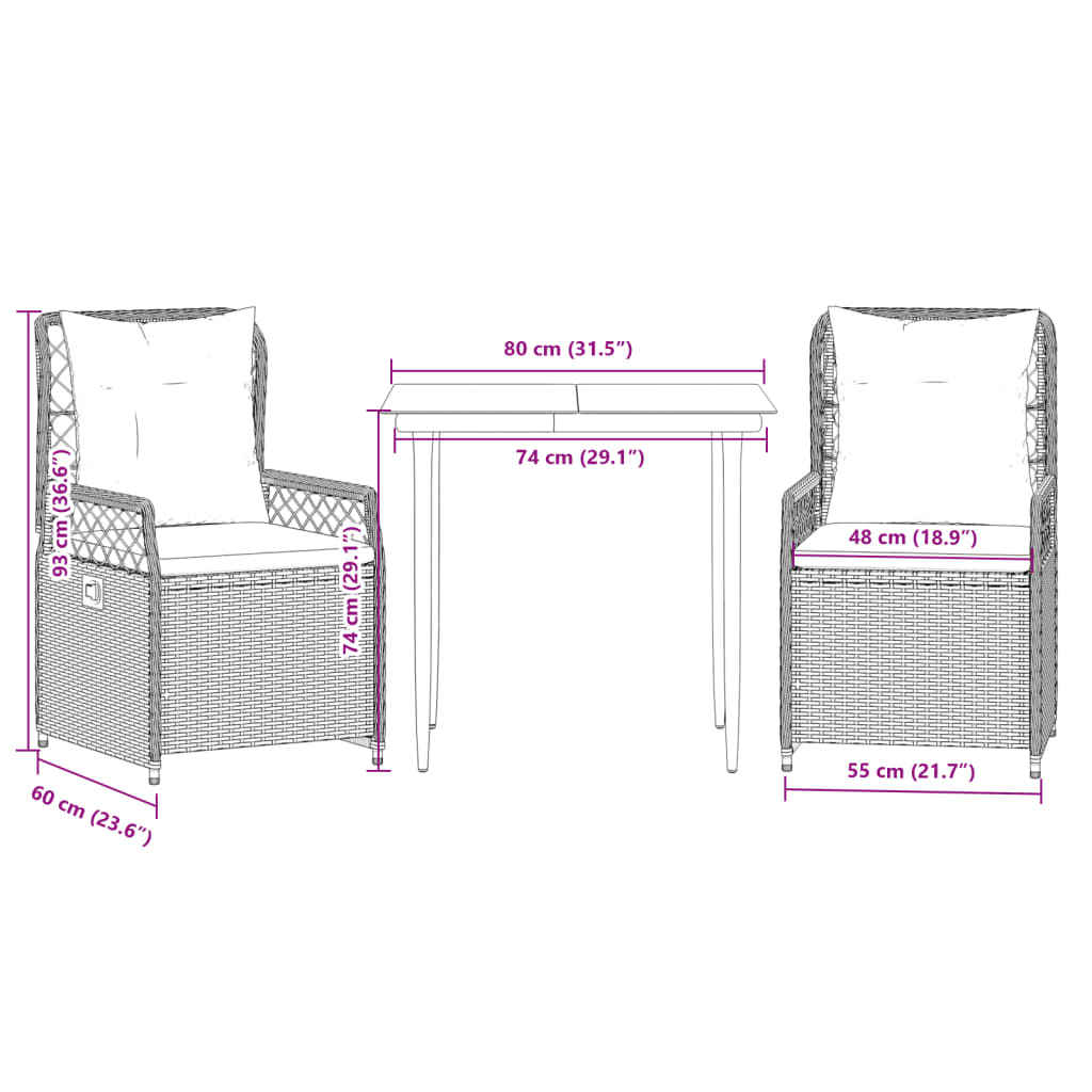 Set da Pranzo da Giardino 3 pz con Cuscini Beige in Polyrattan 3263013