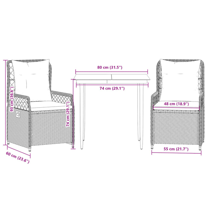 Set Pranzo da Giardino 3pz con Cuscini Grigio Chiaro Polyrattan 3263027