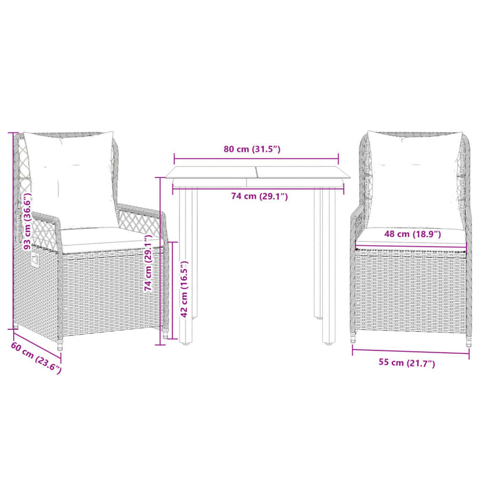 Set Pranzo da Giardino 3pz con Cuscini Grigio Chiaro Polyrattan 3263034