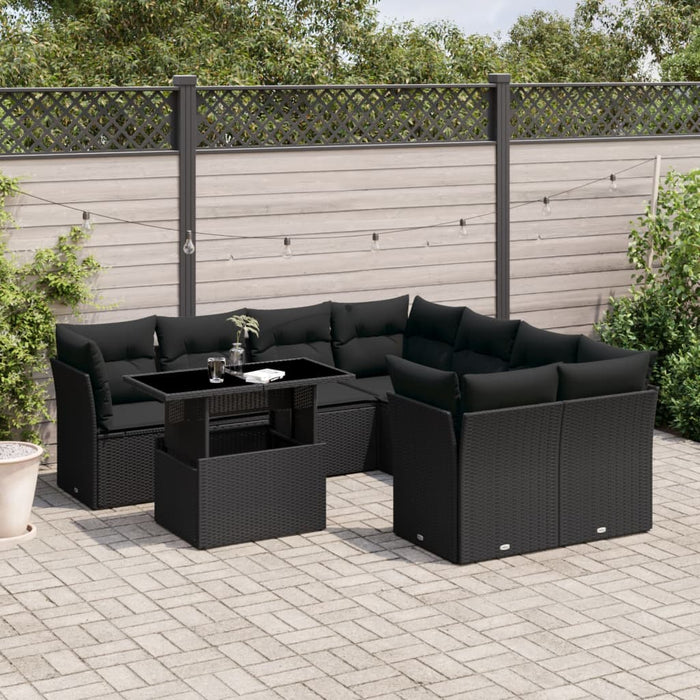 Set Divani da Giardino 9 pz con Cuscini Nero in Polyrattan 3266425