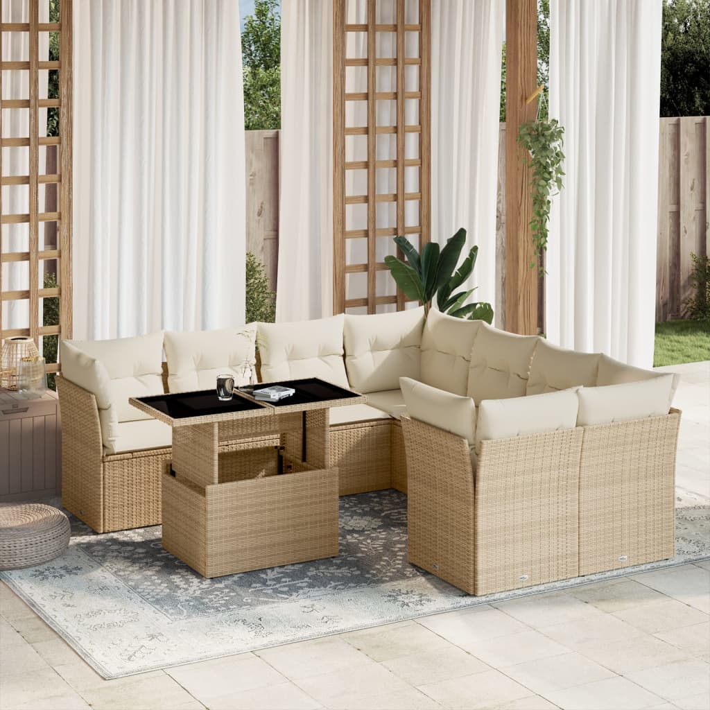 Set Divano da Giardino 9 pz con Cuscini Beige in Polyrattan 3266428