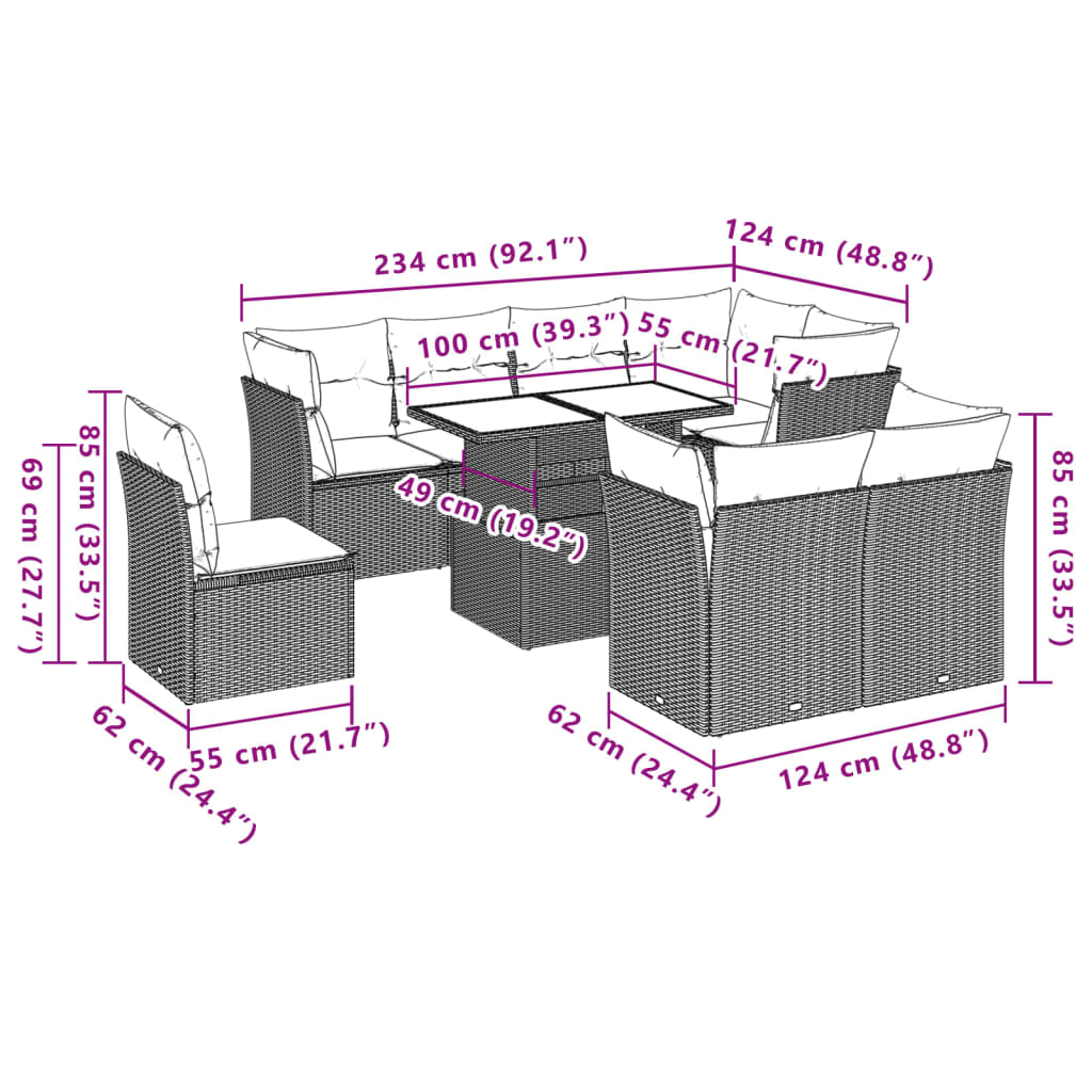 Set Divano da Giardino 9 pz con Cuscini Grigio in Polyrattan 3266730