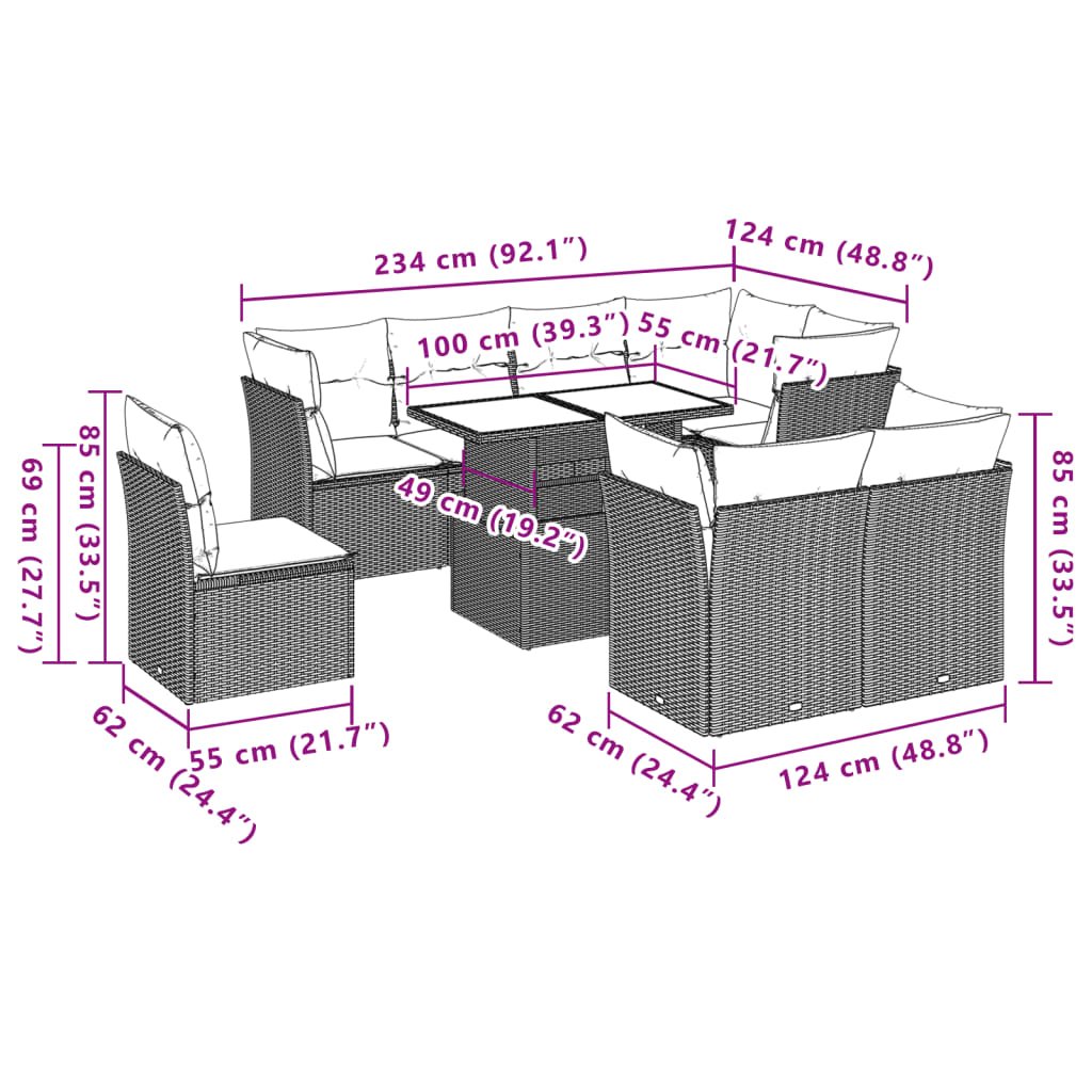 Set Divano da Giardino 9pz con Cuscini Grigio Chiaro Polyrattan 3266732