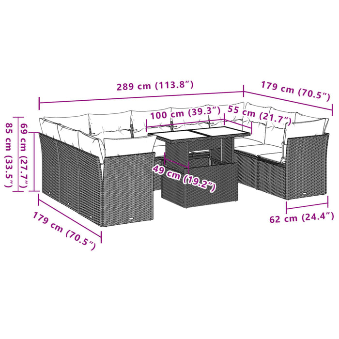 Set Divani da Giardino 10pz con Cuscini in Polyrattan Nero 3266816