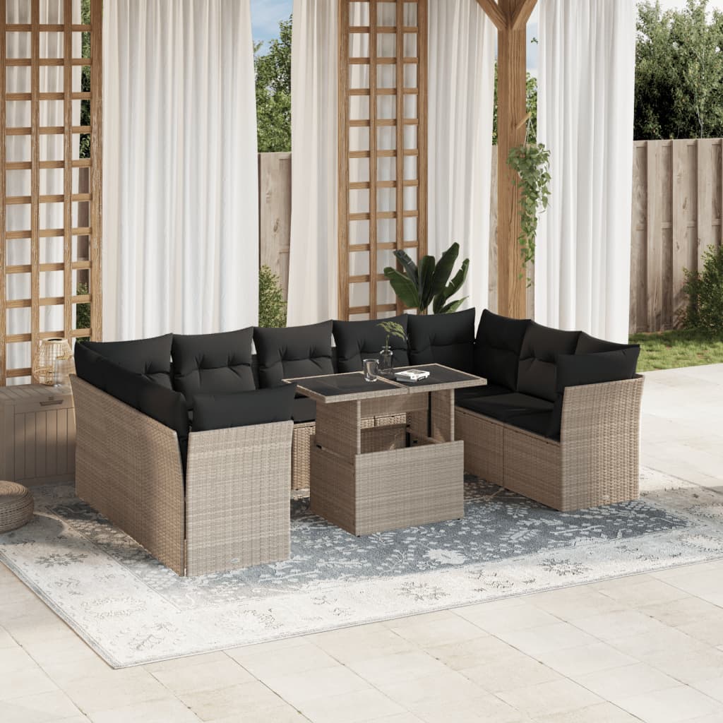 Set Divano Giardino 10 pz con Cuscini Grigio Chiaro Polyrattan 3266822