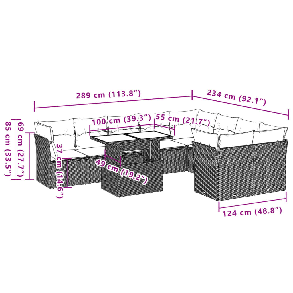 Set Divano Giardino 10 pz con Cuscini Grigio Chiaro Polyrattan 3266842