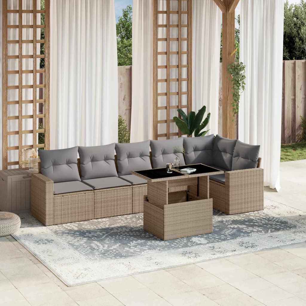 Set Divani da Giardino 7 pz con Cuscini Beige in Polyrattan 3267289