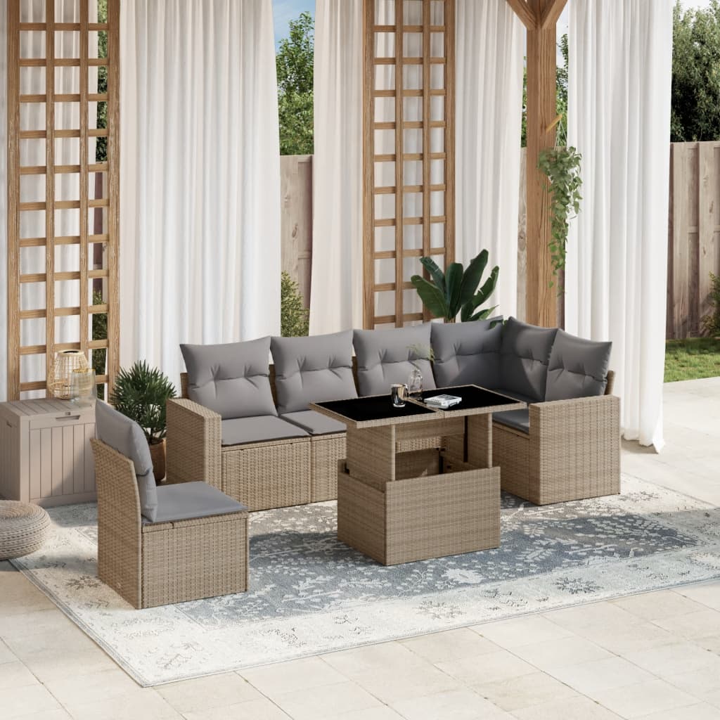 Set Divani da Giardino 7 pz con Cuscini Beige in Polyrattan 3267309