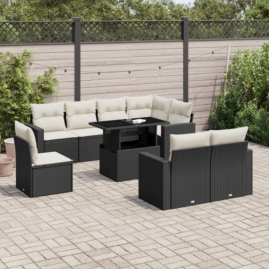 Set Divani da Giardino 9 pz con Cuscini Nero in Polyrattan 3267406