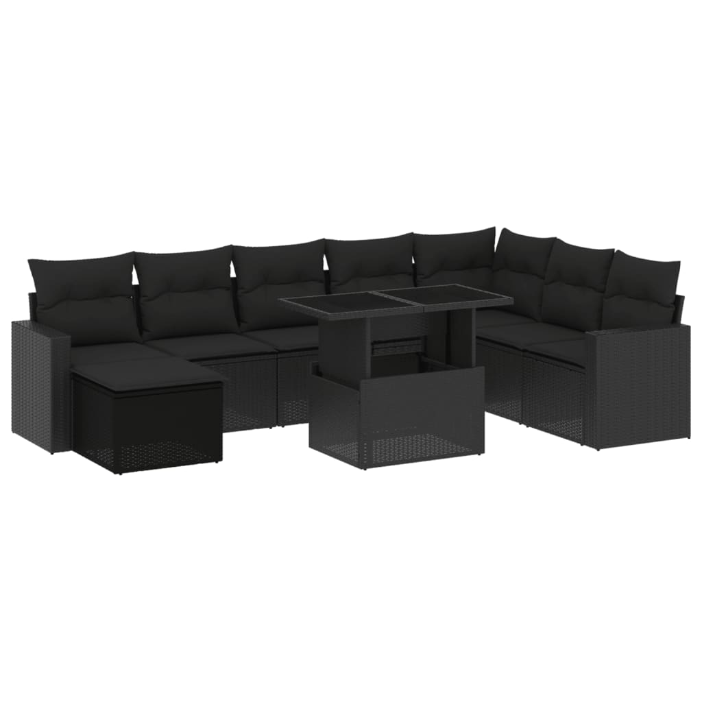 Set Divani da Giardino 9 pz con Cuscini Nero in Polyrattan 3267465