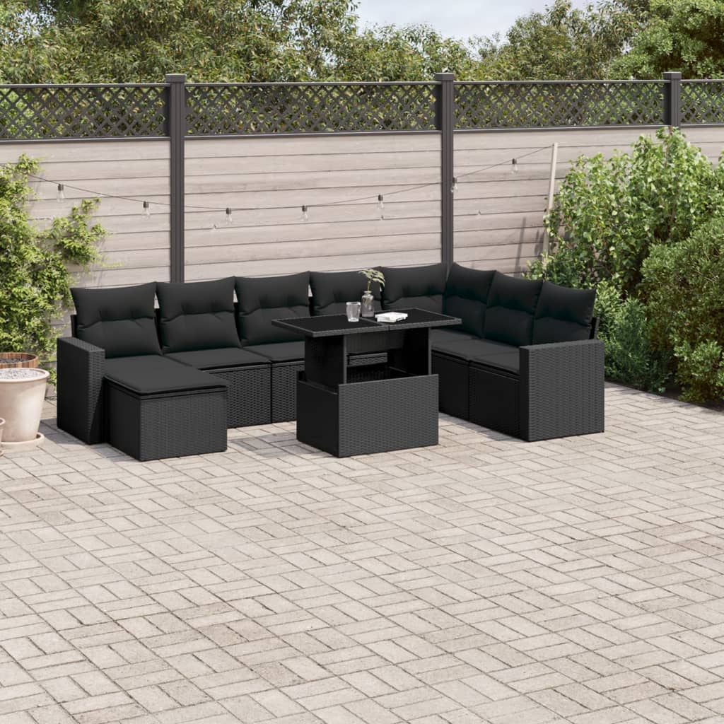 Set Divani da Giardino 9 pz con Cuscini Nero in Polyrattan 3267465