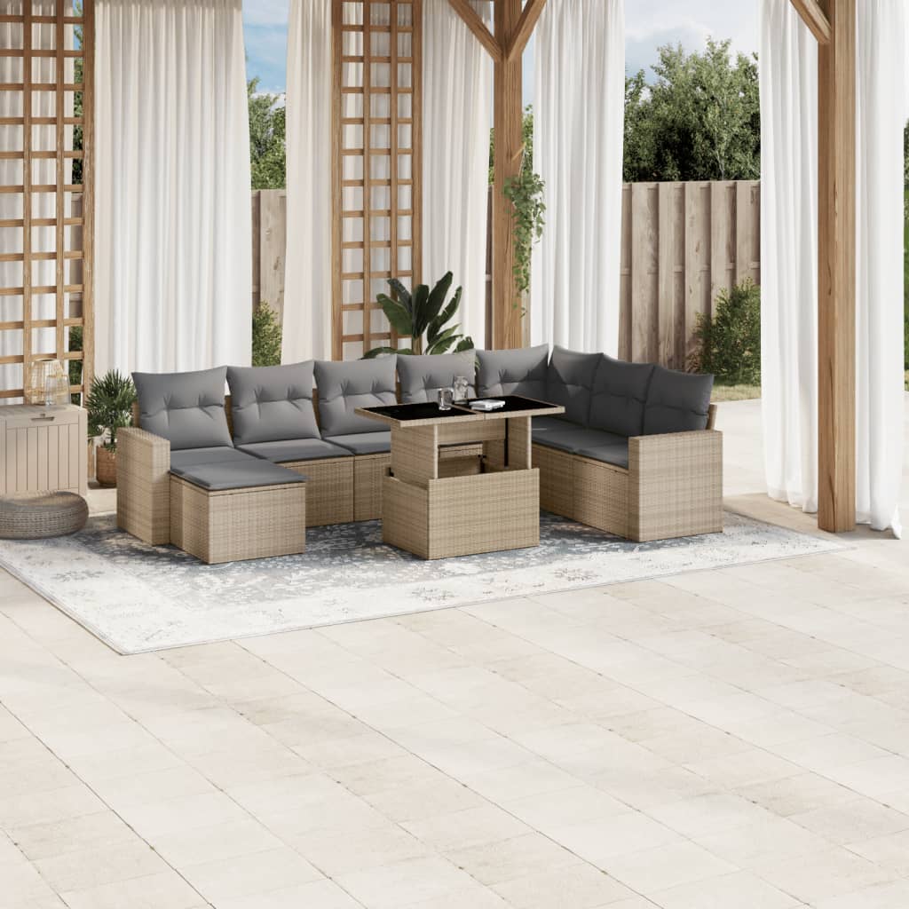 Set Divano da Giardino 9 pz con Cuscini Beige in Polyrattan 3267469