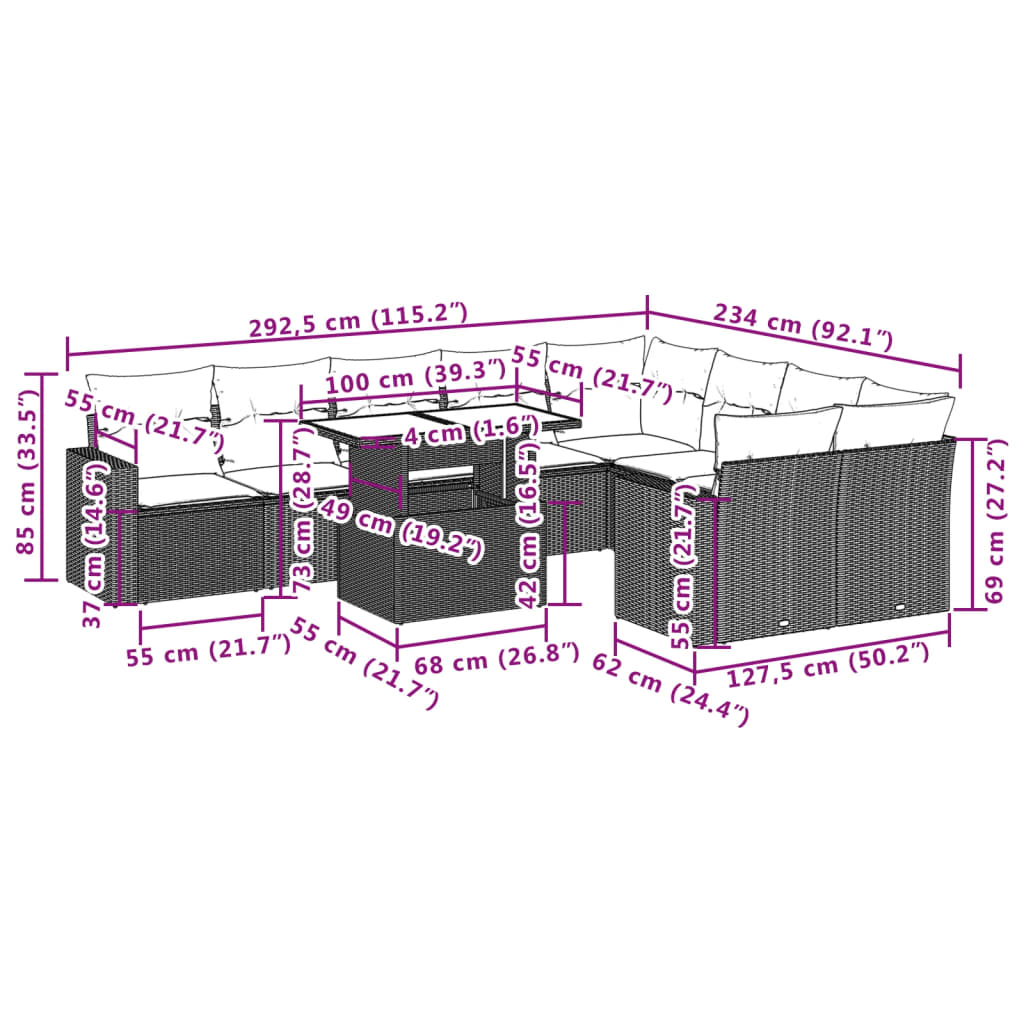 Set Divani da Giardino 10pz con Cuscini in Polyrattan Nero 3267495