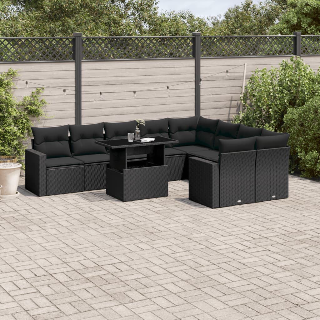 Set Divani da Giardino 10pz con Cuscini in Polyrattan Nero 3267495