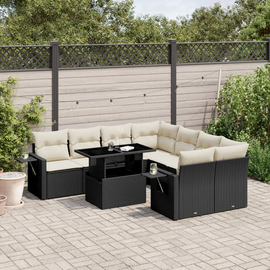 Set Divani da Giardino 9 pz con Cuscini Nero in Polyrattan 3267796