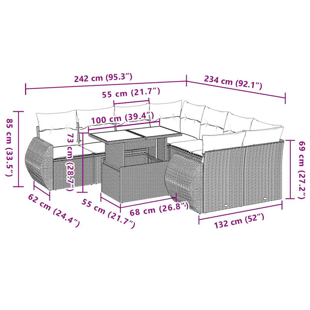 Set Divano da Giardino 9pz con Cuscini Grigio Chiaro Polyrattan 3268432