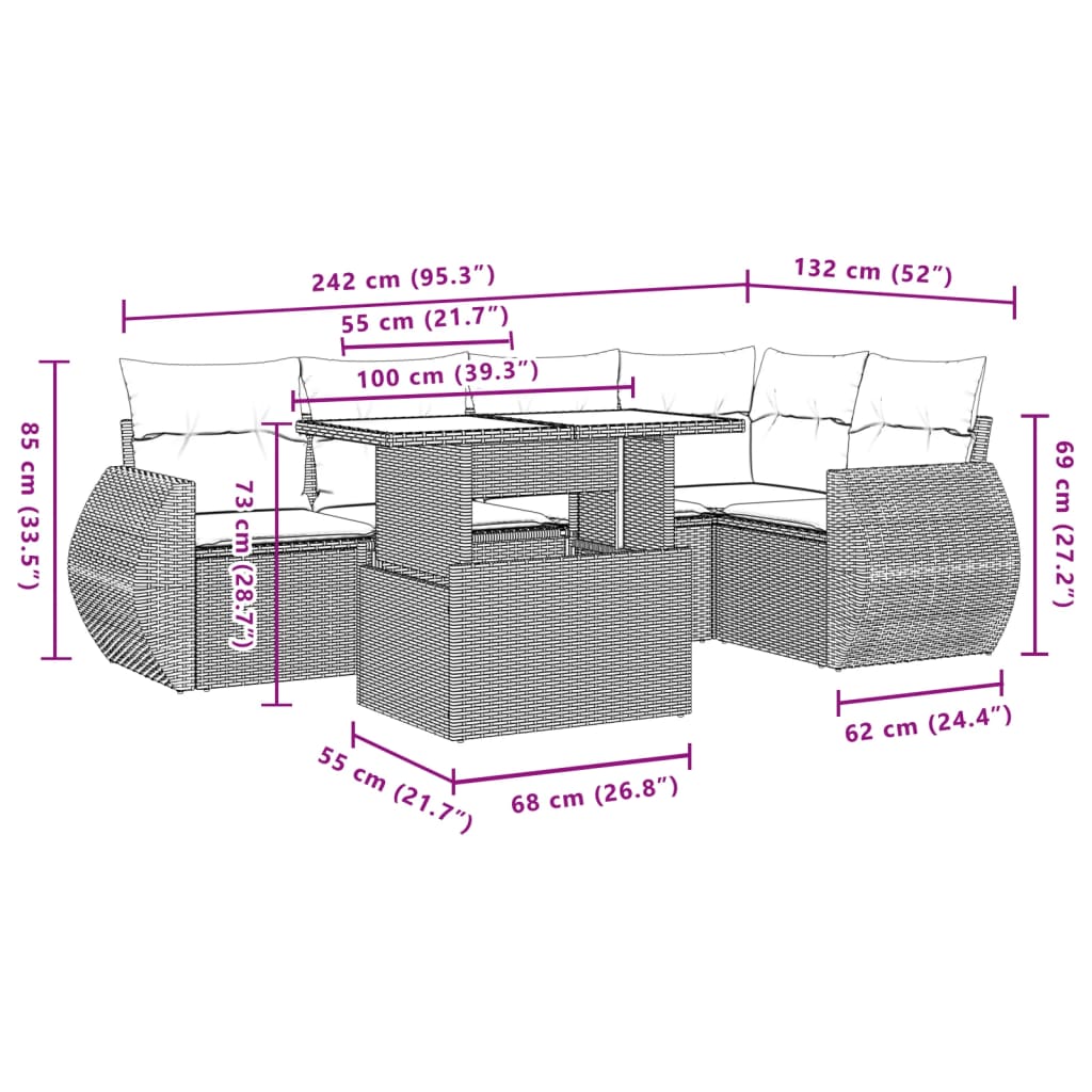 Set Divano da Giardino 6 pz con Cuscini Nero in Polyrattan 3268515