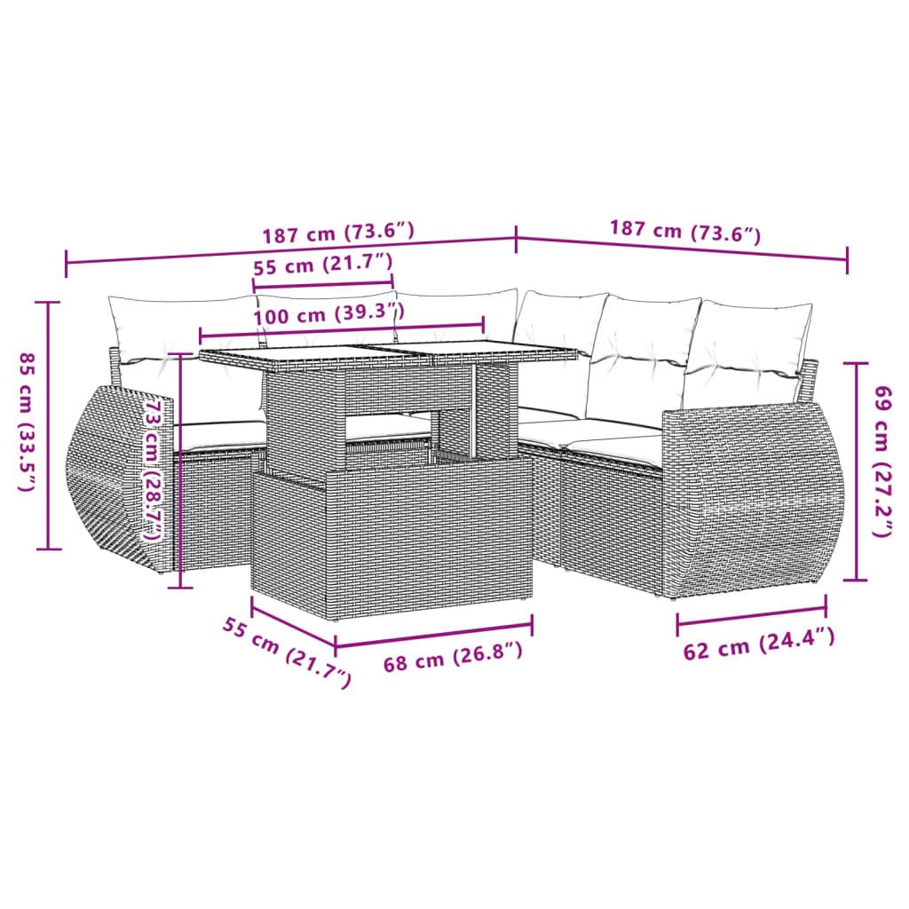 Set Divano da Giardino 6 pz con Cuscini Grigio in Polyrattan 3268530