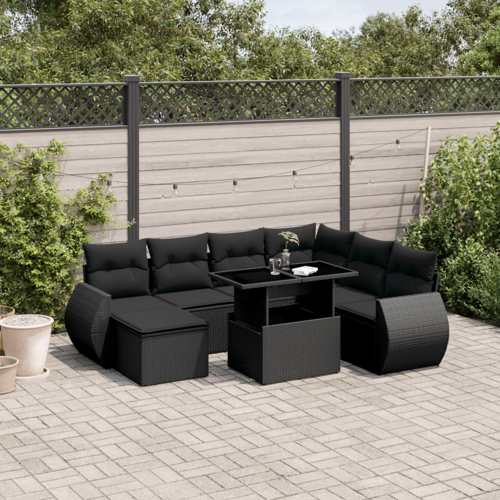 Set Divani da Giardino con Cuscini 8 pz Nero in Polyrattan 3268695