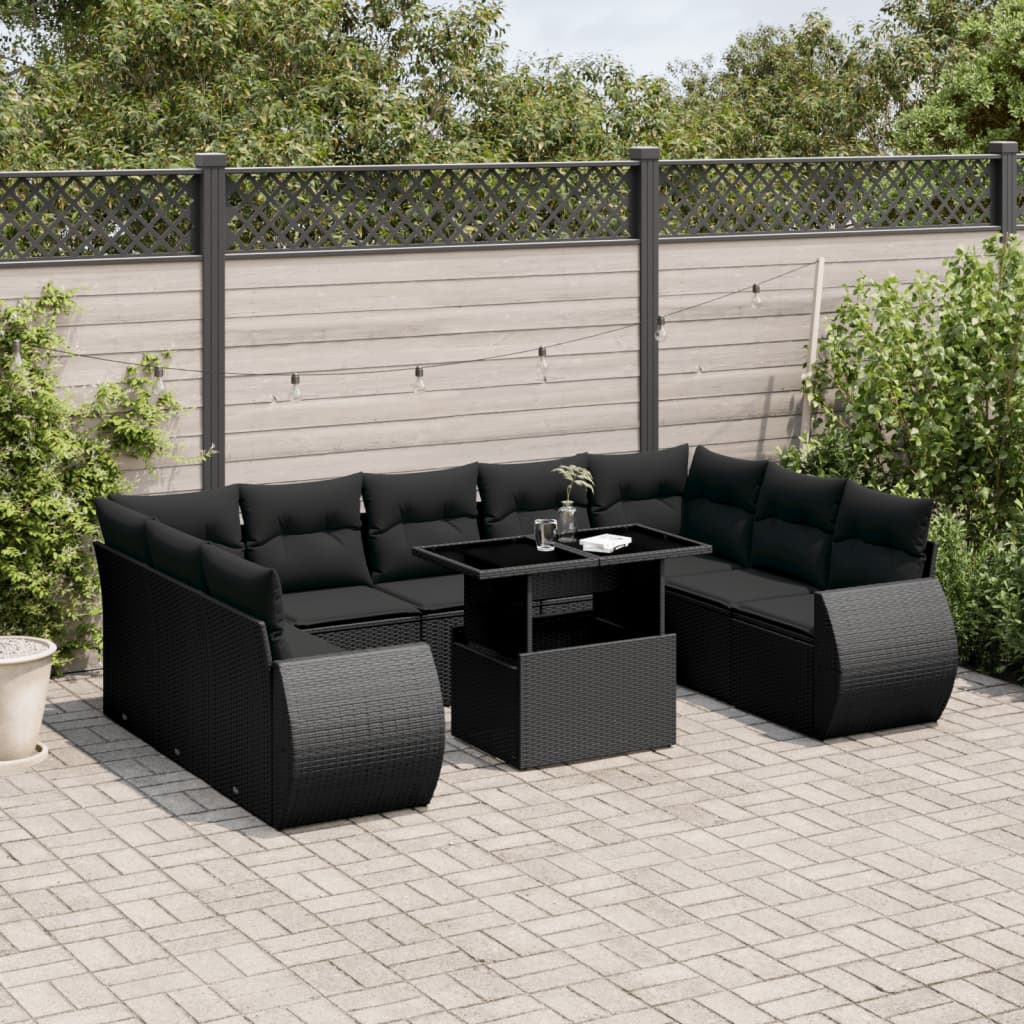 Set Divani da Giardino 10pz con Cuscini in Polyrattan Nero 3268735