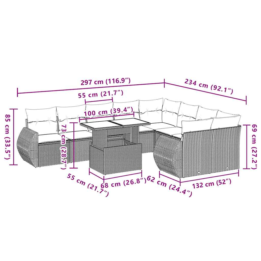 Set Divano da Giardino 10 pz con Cuscini Beige in Polyrattan 3268758