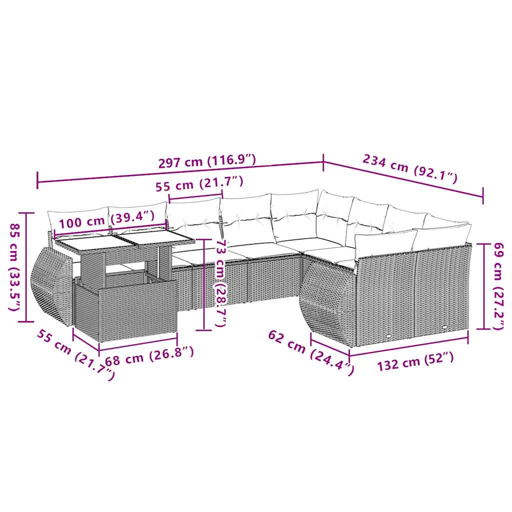 Set Divano da Giardino 10 pz con Cuscini Beige in Polyrattan 3268768