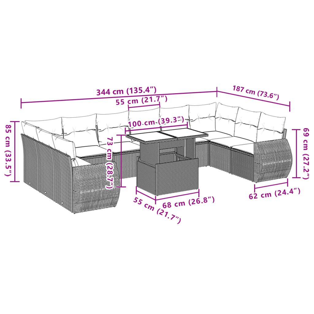 Set Divani da Giardino 11 pz con Cuscini in Polyrattan Nero 3268775