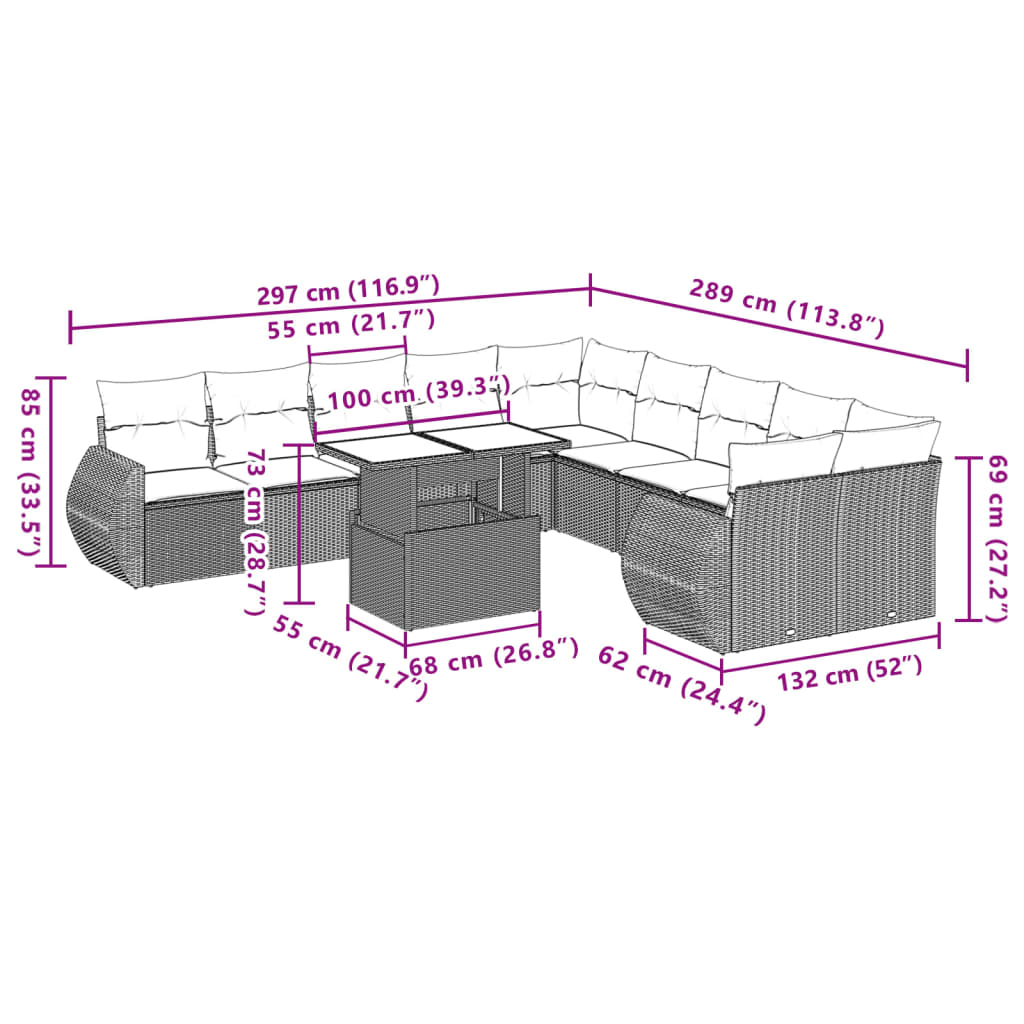 Set Divani da Giardino 11 pz con Cuscini in Polyrattan Grigio 3268802