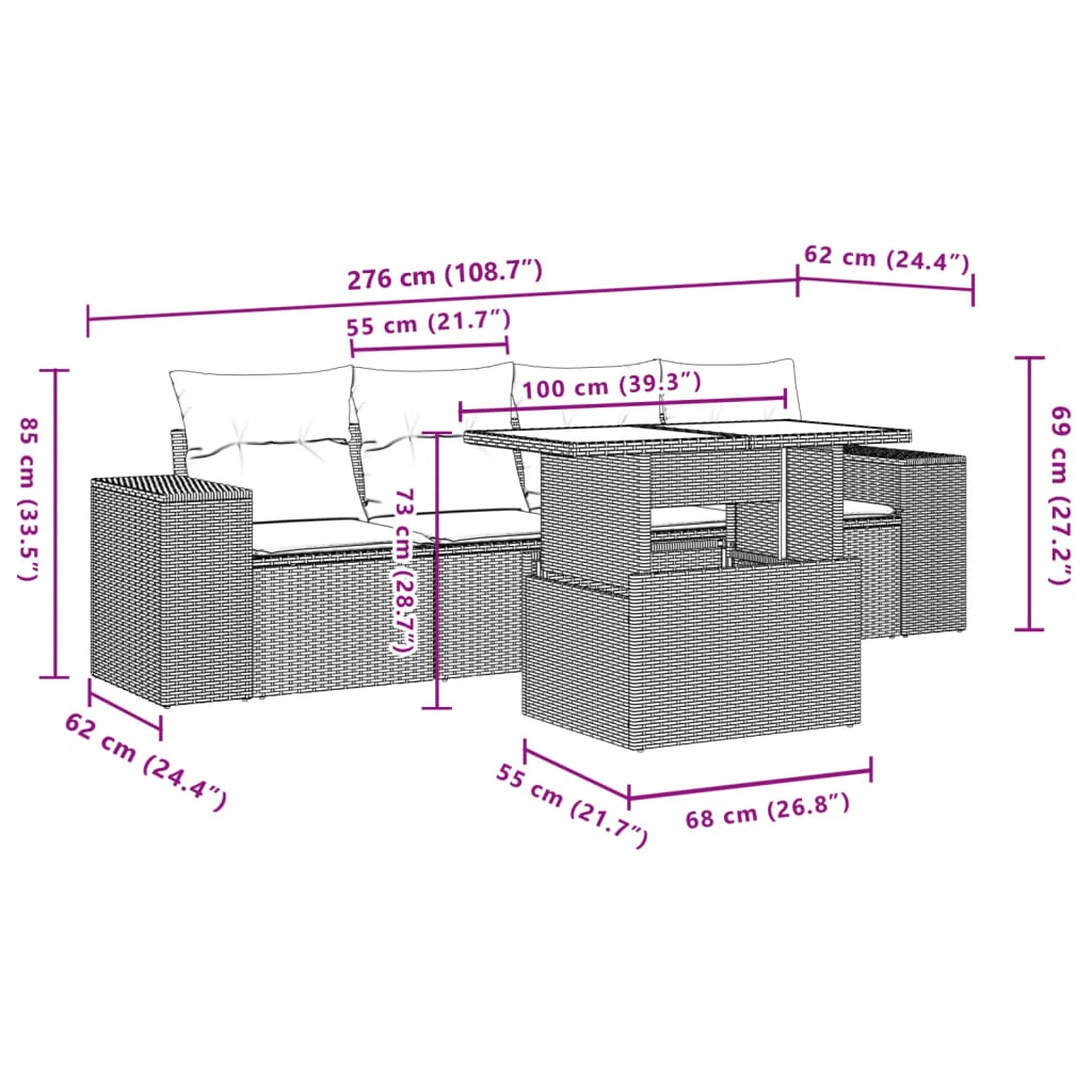 Set Divano da Giardino 5 pz con Cuscini Grigio in Polyrattan 3268990