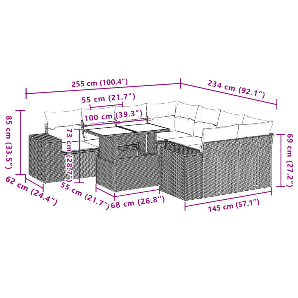 Set Divano da Giardino 9 pz con Cuscini Grigio in Polyrattan 3269060