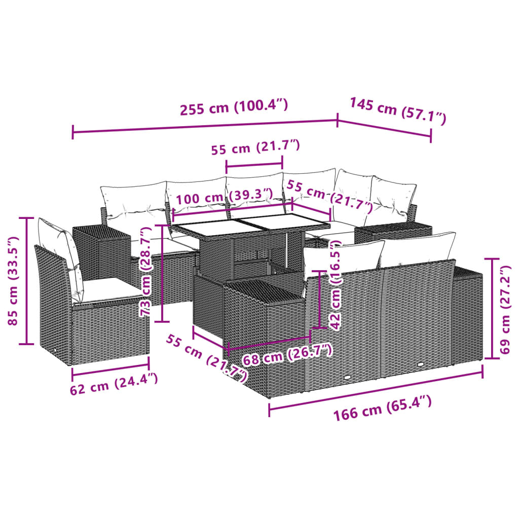 Set Divano da Giardino 9 pz con Cuscini Beige in Polyrattan 3269299