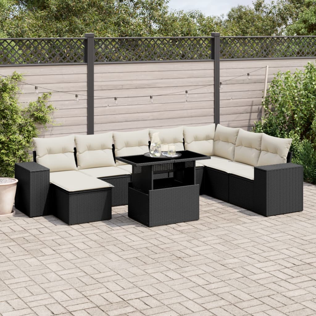 Set Divani da Giardino 9 pz con Cuscini Nero in Polyrattan 3269356