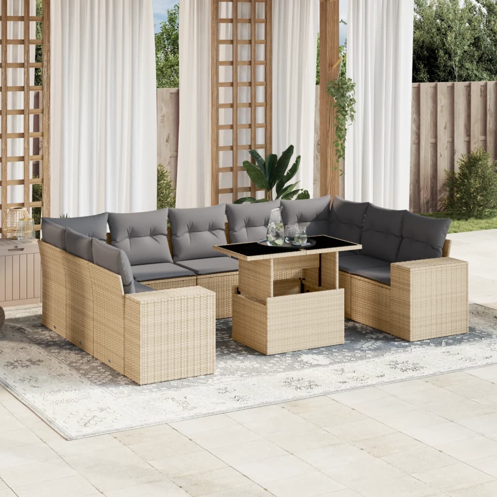 Set Divano da Giardino 10 pz con Cuscini Beige in Polyrattan 3269369