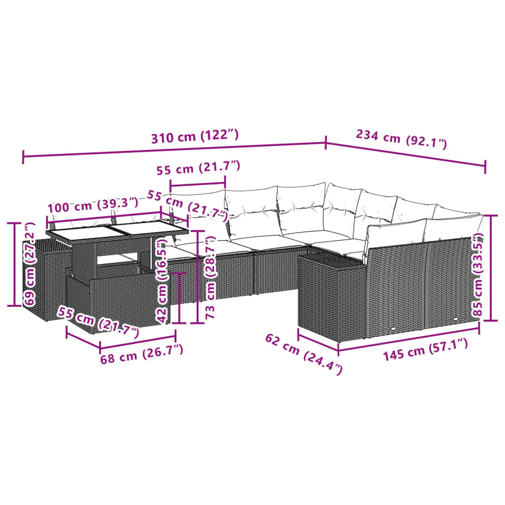 Set Divani da Giardino 10pz con Cuscini in Polyrattan Nero 3269395