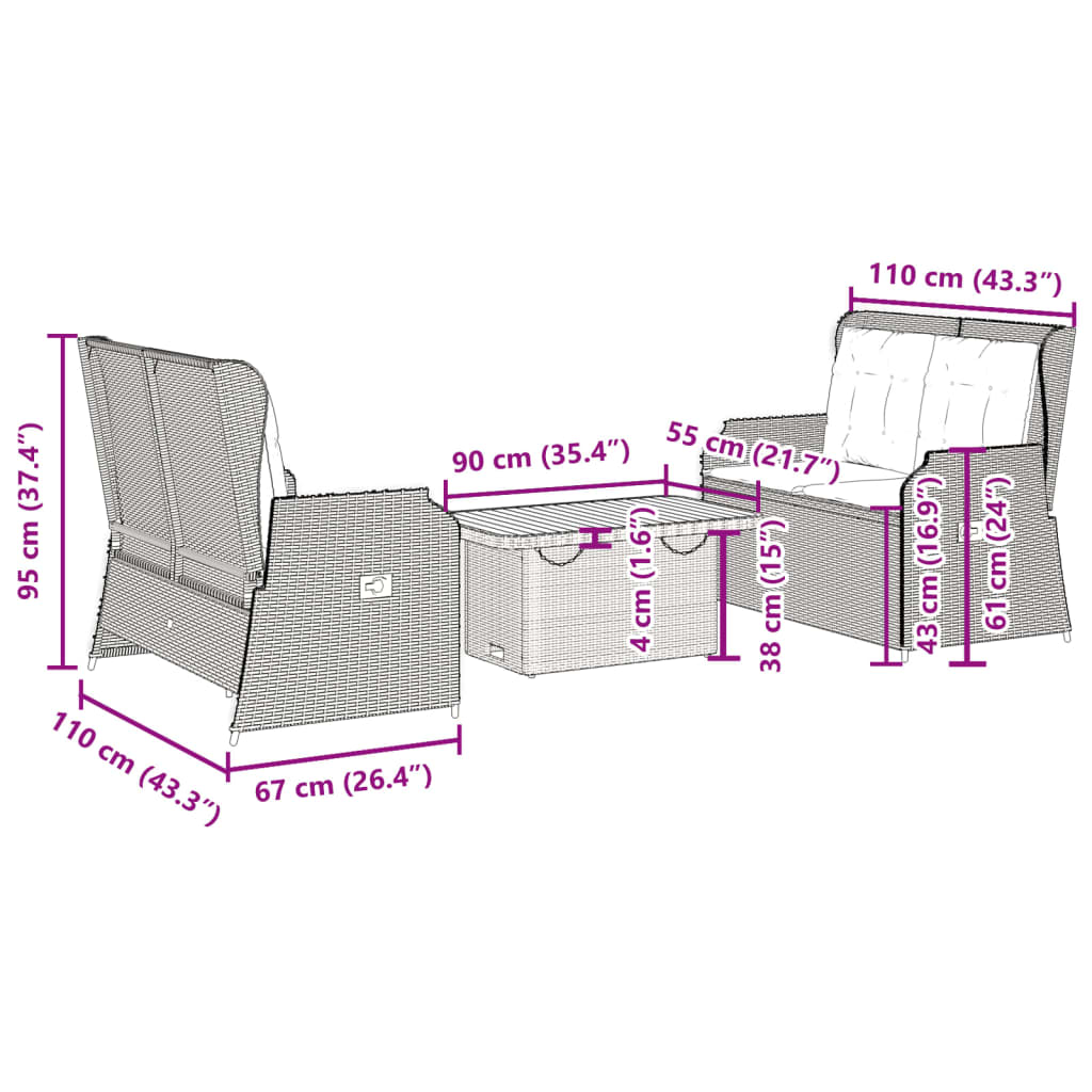 Set Divani da Giardino 3 pz con Cuscini in Polyrattan Grigio 3262748