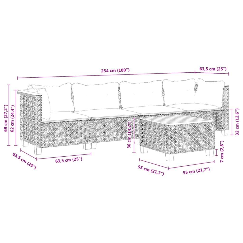 Set Divani da Giardino 5 pz con Cuscini in Polyrattan Nero 3261728