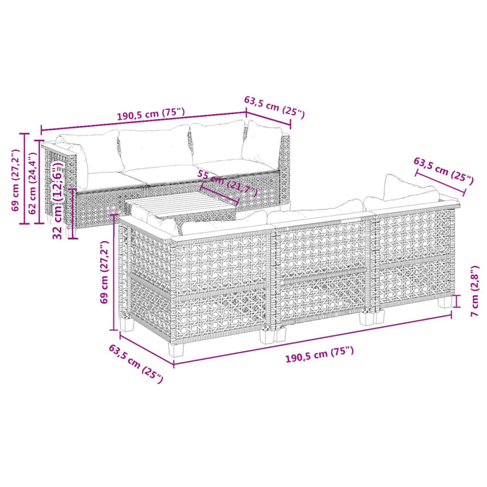 Set Divani da Giardino 7 pz con Cuscini Grigio in Polyrattan 3261741