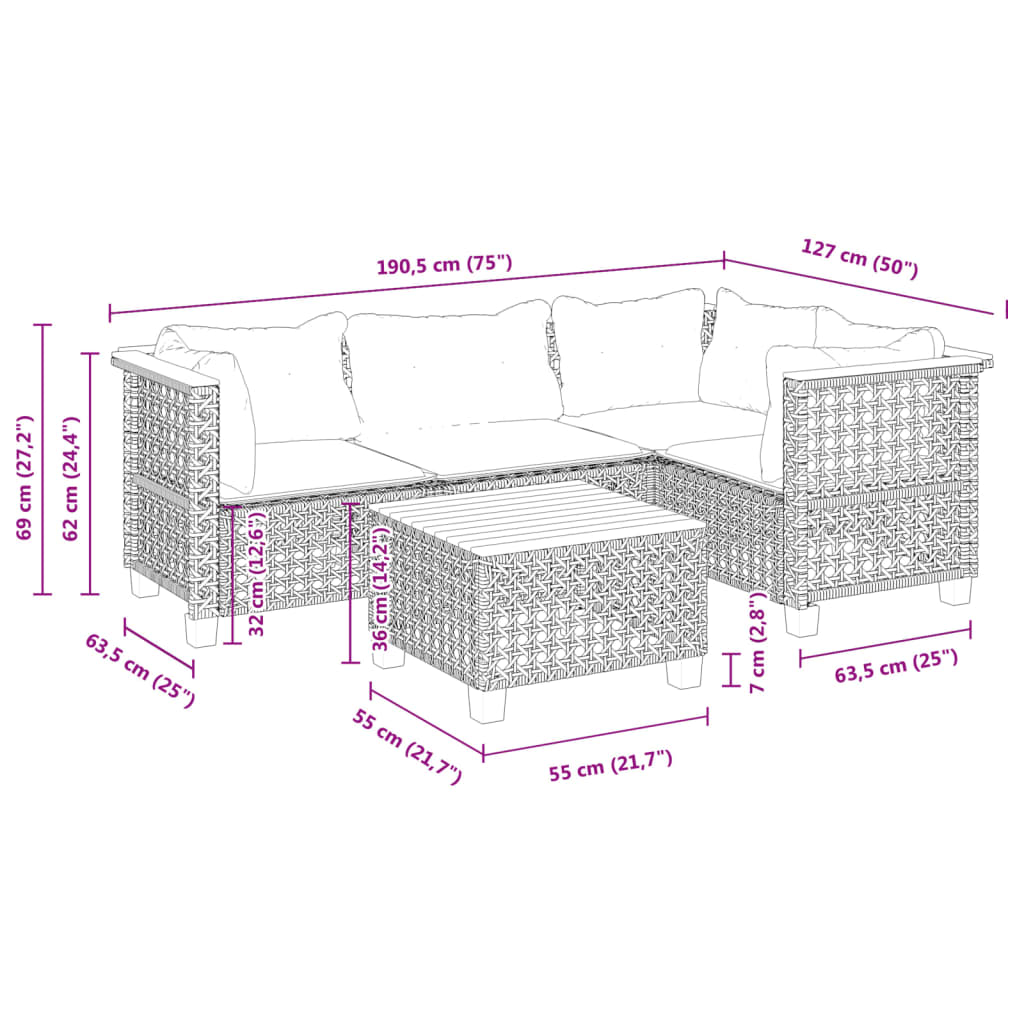 Set Divano da Giardino 5 pz con Cuscini Grigio in Polyrattan 3261807