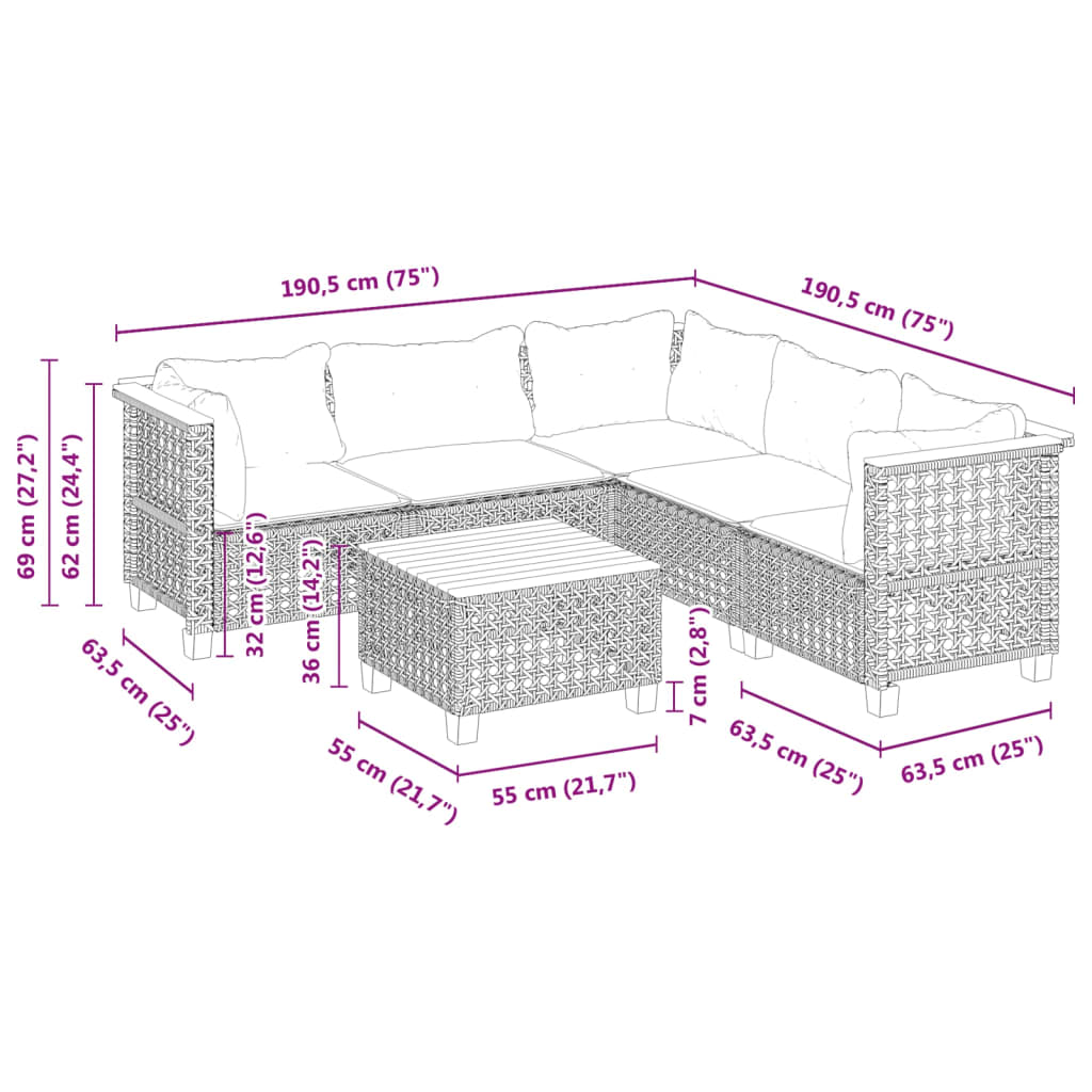 Set Divano da Giardino 6 pz con Cuscini Grigio in Polyrattan 3261831