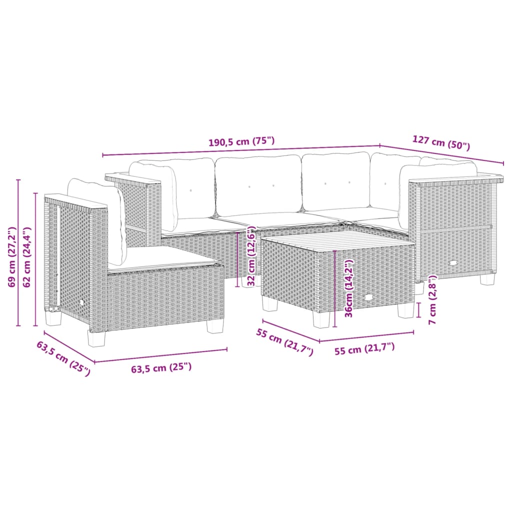 Set Divano da Giardino 6 pz con Cuscini Nero in Polyrattan 3261839