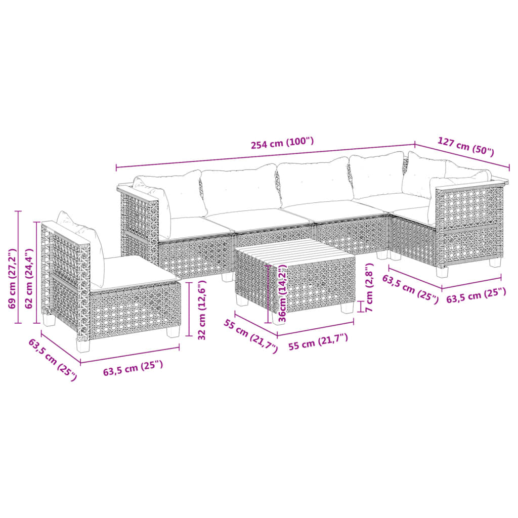 Set Divani da Giardino 7 pz con Cuscini Grigio in Polyrattan 3261879