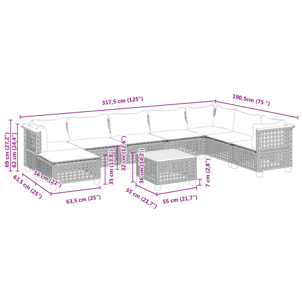 Set Divani da Giardino 9 pz con Cuscini Nero in Polyrattan 3261962