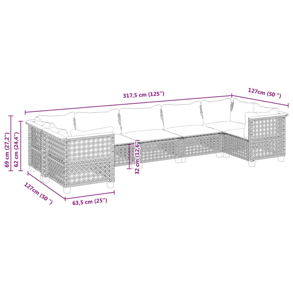 Set Divani da Giardino 7 pz con Cuscini Grigio in Polyrattan 3261975