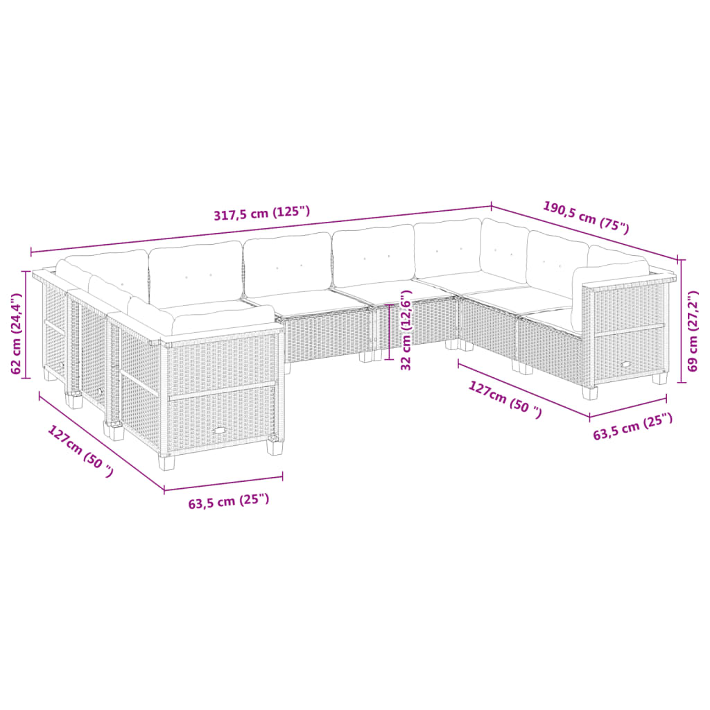 Set Divano da Giardino 9 pz con Cuscini Grigio in Polyrattan 3261978